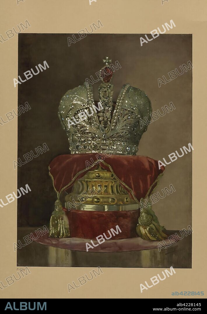 ALFRED PARLAND. 'Depiction of the Large Imperial Crown on the Pedestal with a velvet Cushion'. Russia, 1882. Dimensions: 59,2x44,8 cm.