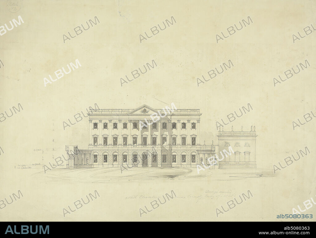 Design for Grosvenor House, London: North Elevation, Thomas Cundy, 17901867, British, 1845, Graphite and wash on slightly textured, moderately thick, cream wove paper, Sheet: 17 1/4 × 24 3/8 inches (43.8 × 61.9 cm), architectural subject, design, house, England, Europe, London, United Kingdom.