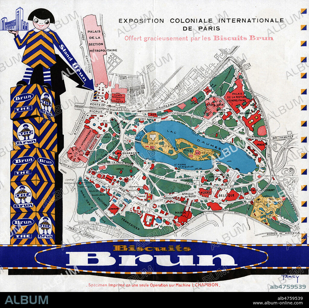 Plan de l'Exposition Coloniale de Internationale de Paris en 1931, avec publicite pour les biscuits Brun. Illustration par FARCY. Credit : Collection IM/KHARBINE-TAPABOR.