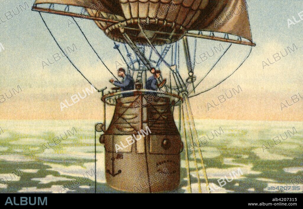 Andrée's Arctic balloon expedition, 1897, (1932). Swedish engineer and aeronaut Salomon August Andrée (1854-1897) perished during a failed attempt to reach the Geographic North Pole by hydrogen balloon. The 'Örnen' ('Eagle') crashed onto the ice. Andrée and his companions Nils Strindberg and Knut Fraenkel were unhurt, but with inadequate clothing and equipment, they did not survive the Arctic winter. From "Die Eroberung Der Luft", (The Conquest of the Air), cigarette card album produced by the Garbáty cigarette factory, 1932. Eugene and Moritz Garbáty, who were Jewish, were driven out of business by the Nazis in the late 1930s, and forced to sell their factory which lay empty for over 70 years. [Garbaty Cigarettenfabrik, Berlin-Pankow, 1932].