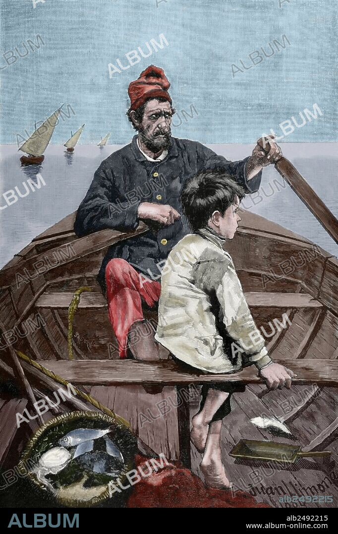 Joan Llimona i Bruguera (1860-1926). Pintor español. Grabado por Sadurní a partir de una pintura titulada "Primeras Nociones", de Joan LLimona. "La Ilustración", 1885. Coloreado.