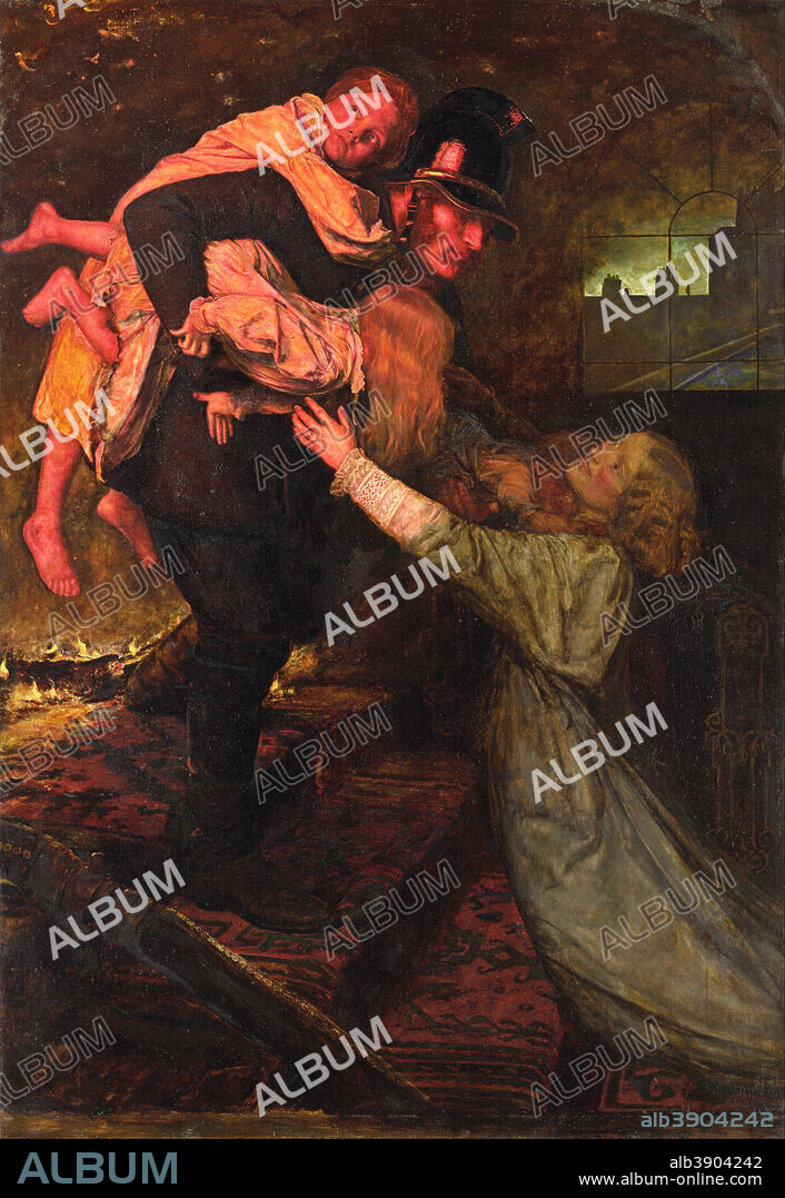 JOHN EVERETT MILLAIS. The Rescue
 Le Sauvetage. Date/Period: 1855. Painting. Oil on canvas Oil on canvas. Height: 1,215 mm (47.83 in); Width: 836 mm (32.91 in).