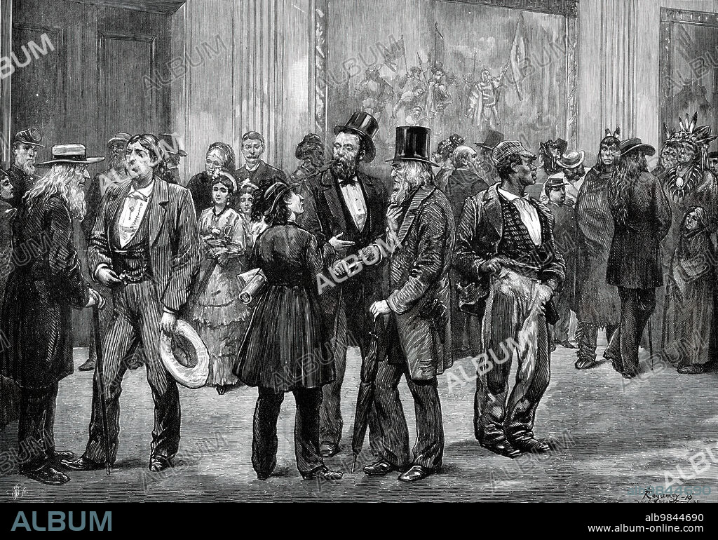 FELIX ELIE REGAMEY. American Sketches: scene in the Rotunda, Washington, 1876. '...an Illustration of the manner in which people stand about the Rotunda, "lobbying" the members of Congress for purposes not always reprehensible, or simply wanting to pick up a dose of political gossip, or to indulge their personal curiosity with a sight of the leading public men. Ladies, as well as gentlemen, are observed not seldom among the frequenters of this place; and Dr. Mary Walker, the female medical practitioner, wearing her Bloomer suit of tunic and trousers, happened to figure in a foreground group at the moment of making our sketch'. Walker was an abolitionist, writer, lecturer, surgeon and advocate of dress reform for women. Her typical ensemble included trousers with suspenders under a knee-length dress with a tight waist and full skirt. She is the only woman to ever receive the Medal of Honor. From "Illustrated London News", 1876.