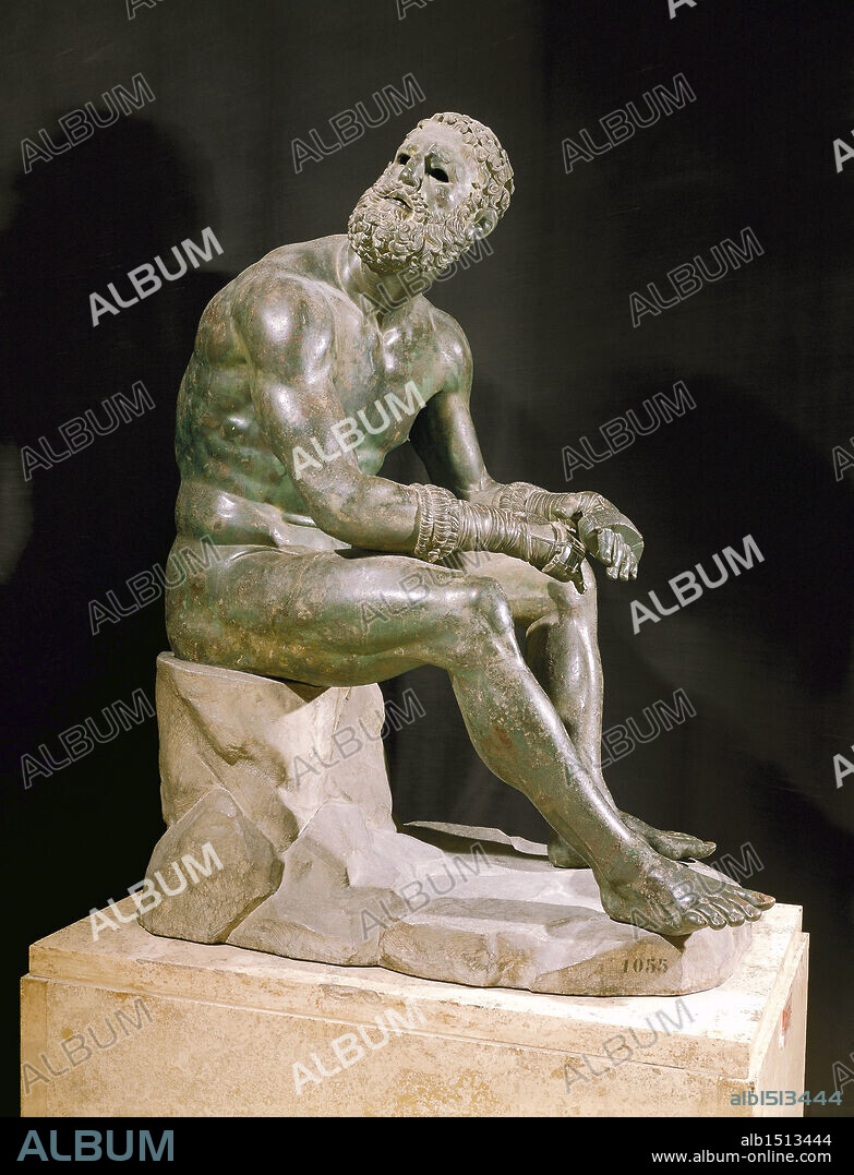 Greek civilization, 1st century b.C. Statue of the defeated Boxer by Apollonius the Athenian. Roman bronze copy of Greek original.