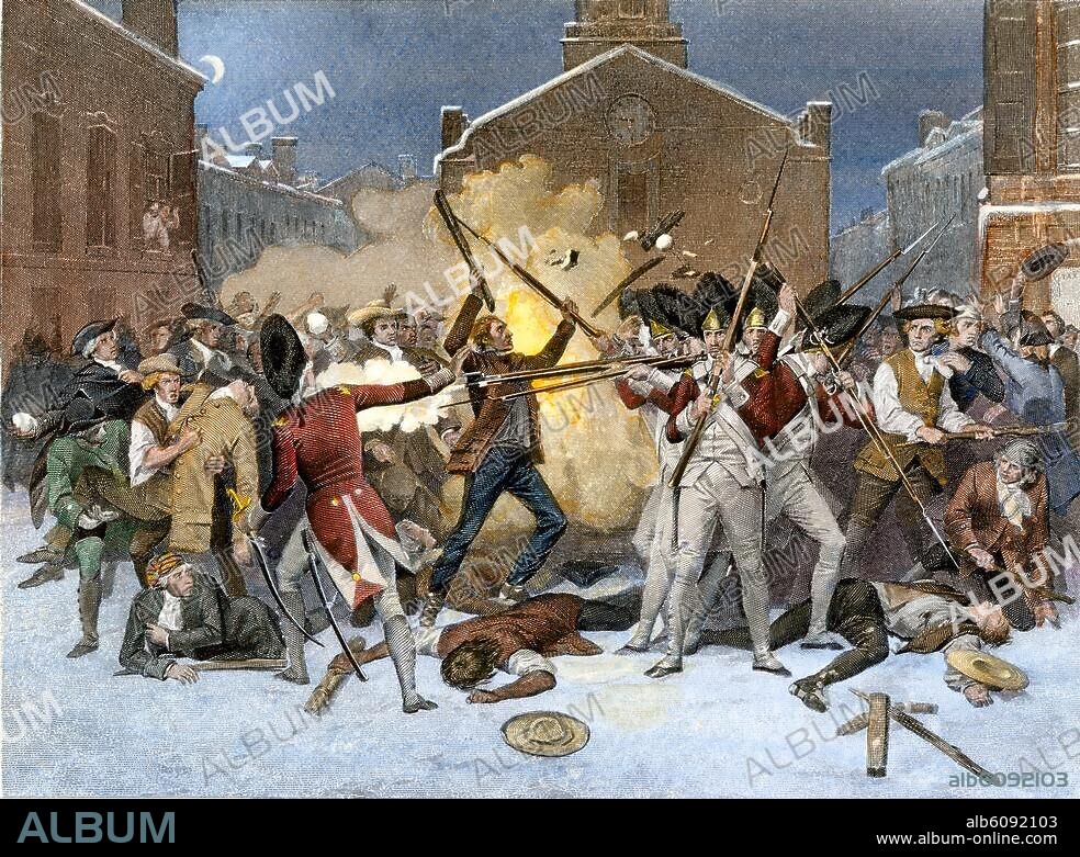 British soldiers kill four civilian protesters in the Boston Massacre, 1770. Hand colored engraving of a painting by Alonso Chappel.