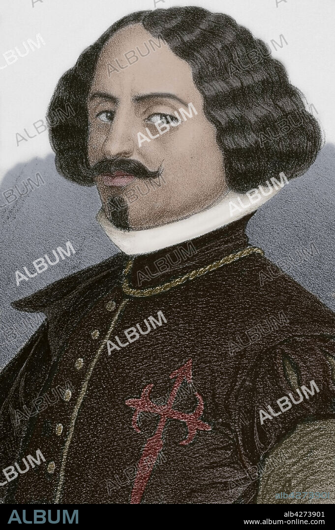 EUSEBIO DE LETRE. ILLUSTRATOR AND LITHOGRAPHER OF THE MID-NINETEENTH CENTURY IN SPAIN. Diego Rodríguez de Silva y Velázquez (1599-1660). Pintor barroco español. Ilustración por Letre. Litografía. Retrato, detalle. Coloreado. Crónica General de España, Historia Ilustrada y Descriptiva de sus Provincias. Andalucía, 1867.