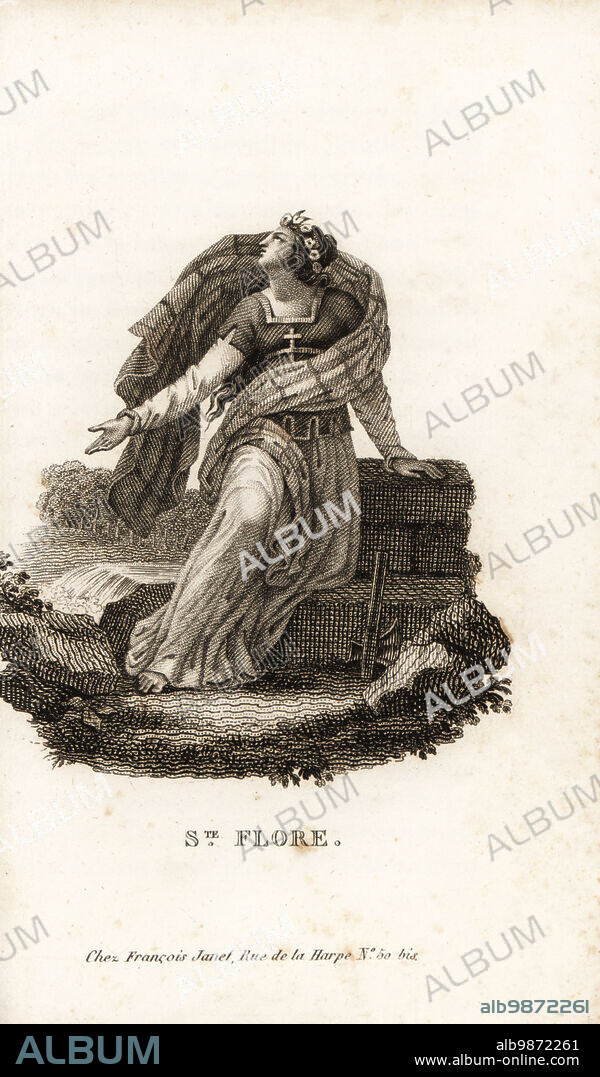 Saint Flora of Seville, Sainte-Flore, martyred 851. Confined in a brothel as punishment for leaving Islam and becoming Christian, then beheaded with another martyr Mary. Depicted with the axe. Copperplate stipple engraving from Mr. M. Es Les Jeunes Martyres de la Foi Chretienne, Young Martyrs of the Christian Faith, Francois Janet, Paris, 1819.