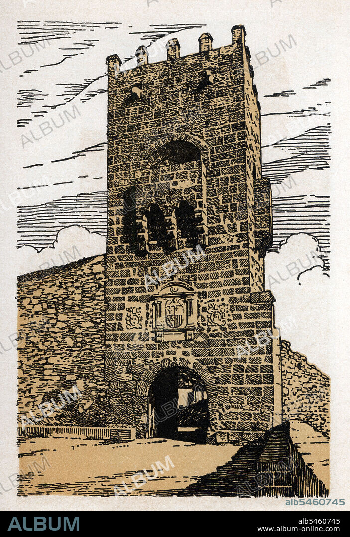 Castillos de España. Zaragoza. Castillo de Alhama de Aragón, Zaragoza, en el recinto del Monasterio de Piedra. Grabado de 1924.