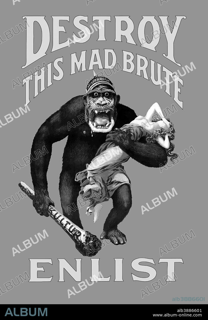 Vintage World War I recruiting poster featuring a giant gorilla wearing a helmet labeled Militarism, holding a blood stained club labeled Kultur, and a terrified woman. It reads, Destroy This Mad Brute - Enlist.