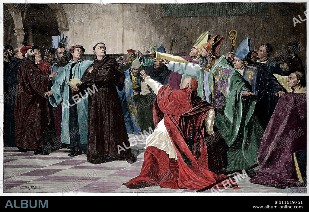 Martin Luther, (Eisleben, 1483, Eisleben, 1546). German reformer. Doctor of Theology and Augustinian priest. In 1517, outlined the main thesis of Lutheranism in Wittenberg. He was excommunicated in 1520. Luther at the Diet of Worms. Engraving extracted of Delperee painting. "Almanaque de La Ilustracion", 1883. Later colouration.