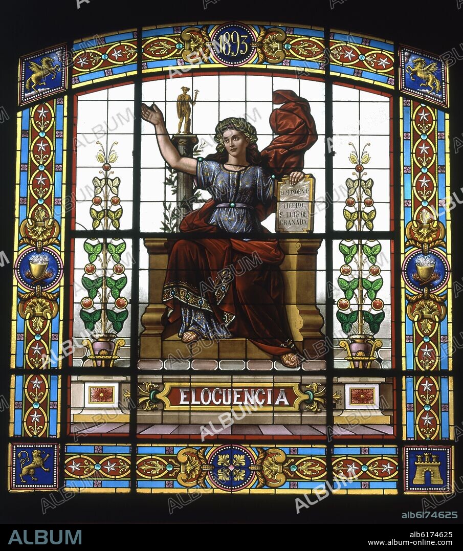 SALON DE ACTOS / VIDRIERA CENTRAL CON LA REPRESENTACION DE LA ELOCUENCIA/ 1893.