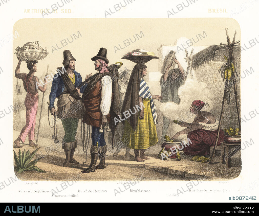 Costumes of Brazil, 1858. Black poultry merchant, Charrua man (extinct people) with bolas, livestock merchant with bolas and whip, laundress, milkman with milkpail, and seller of grilled sweetcorn. Marchand de volailles, Charruas civilise, marchand de bestiaux, blanchisseure, laitier, marchande de mais grille. Handcoloured and sepia-tinted lithograph by Jean-Adolphe Bocquin after an illustration by Felix Fossey from Elisabeth Muller (pseudonym of Leonie Bedelet)s Le Monde en Estampes, The World in Prints, Amadee Bedelet, Paris, 1858.