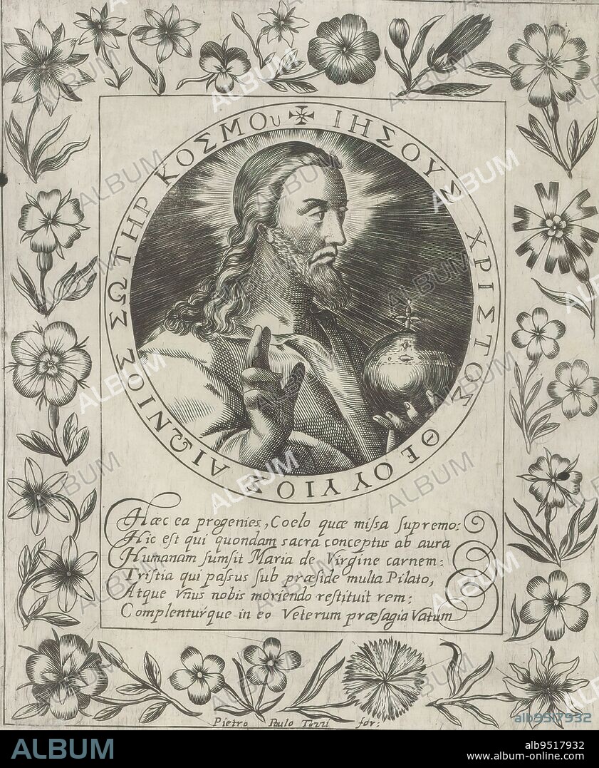 Christ as Salvator Mundi, Imagini Gentilissime delle dodici Sibille (...) (series title on object), Christ as Salvator Mundi. He makes a blessing gesture and holds in his hand an empire apple topped with a cross. The representation is framed in a medallion with an edge inscription in Greek. Below the representation is a six-line verse in Latin. Around it a frame with flowers. Print is part of an album., print maker: Pietro Paolo Tozzi, (mentioned on object), after print by: Crispijn van de Passe (I), after design by: Crispijn van de Passe (I), Padua, 1601 - 1627, paper, engraving, height 207 mm × width 170 mm.
