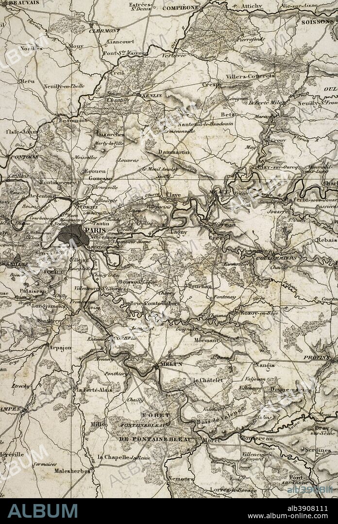 Napoleonic map. Eastern France. Detail of the surroundings of Paris. Atlas de l'Histoire du Consulat et de l'Empire. History of the Consulate and the Empire of France under Napoleon by Marie Joseph Louis Adolphe Thiers (1797-1877). Drawings by Dufour, engravings by Dyonnet. Edited in Paris, 1864.