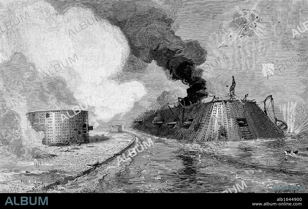 American Civil War: Engagement between the Confederate ironclad 'Merrimac' (also called 'Virginia') and the Union ironclad 'Monitor' - 8 March 1862. Wood engraving published New York, 1885.