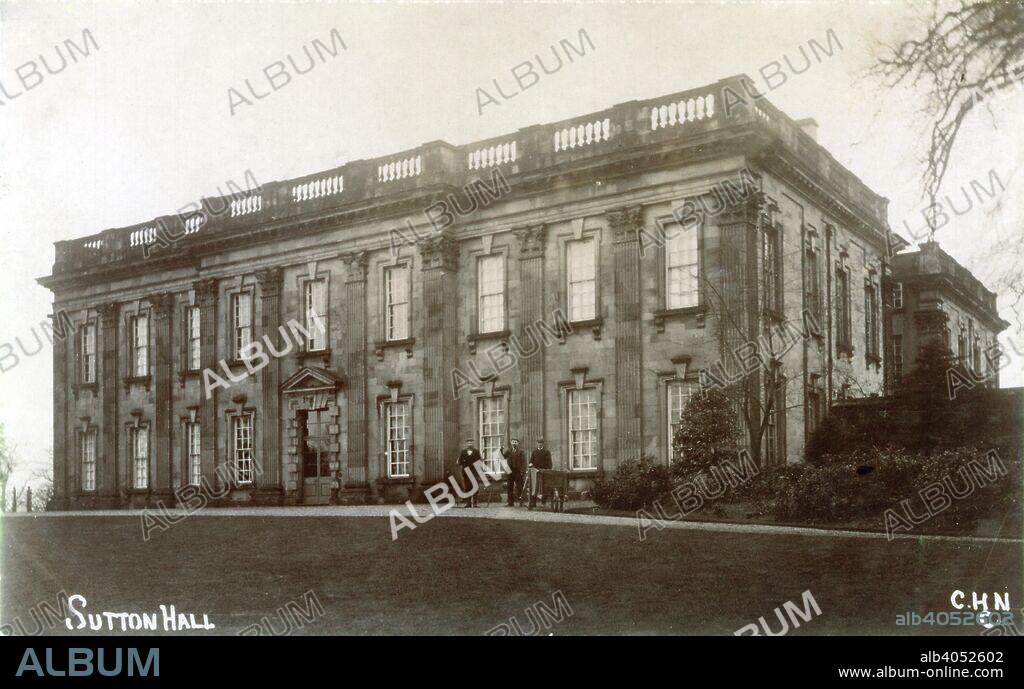 Sutton Scarsdale Hall, near Chesterfield, Derbyshire, pre-1920. Sutton Scarsdale Hall was originally built in the 17th century, but was remodelled into one of the finest Baroque mansions in the county by Francis Smith of Warwick in 1724. At this time the house was owned by Nicholas, fourth Earl of Scarsdale. The Earl died whilst heavily in debt due to the lavish rebuilding of the hall he had commissioned. The hall, and all its estates, were purchased by Godfrey Clarke of Somersall whose son Godfrey was lord of the manor until 1786. Between 1820 and 1919, the hall was in the possession of the Arkwright Family, but was sold by William Arkwright to Haslam Construction Ltd. This company stripped the house of all of its furnishings, and took the roof and some masonry for other construction projects. By 1946, the building had deteriorated to such an extent that arrangements were made to demolish it. However, three days before the demolition machinery were due to move in on the hall the shell was saved by Sir Osbert Sitwell, who was persuaded to buy it by a local resident Harold Taylor. The hall was later given over to the Department of the Environment in the late 1960s. In 1971 emergency repairs were started to secure the building from further decay, and it is now possible to walk around the preserved ruins. This photograph shows the front facade of the hall, which has huge fluted pilasters and a Gibbs Surround doorway. The house has now fallen into ruins, though some of it is preserved in Philadelphia Museum.