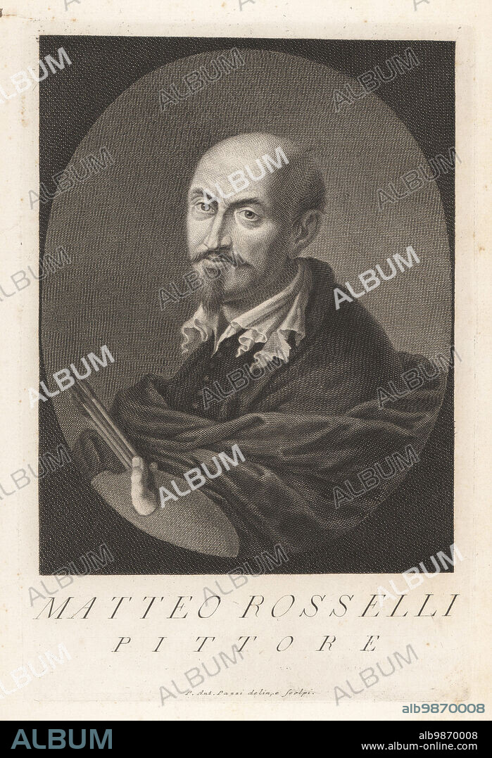 Matteo Rosselli, Italian painter of the late Florentine Counter-Mannerism and early Baroque, 1578-1650. With mantle, holding palette and paintbrushes. Pittore. Copperplate engraving drawn and engraved by Pietro Antonio Pazzi after a self portrait by the artist from Francesco Moucke's Museo Florentino (Museum Florentinum), Serie di Ritratti de Pittori (Series of Portraits of Painters) stamperia Mouckiana, Florence, 1752-62.