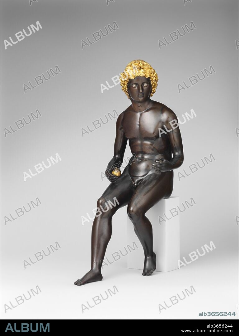 Paris. Artist: Antico (Pier Jacopo Alari Bonacolsi) (Italian, Mantua ca. 1460-1528 Gazzuolo). Culture: Italian, Mantua. Dimensions: Overall (confirmed): H. 14 5/8 x W. 7 3/8 x D. 7 3/4 in. (37.1 x 18.7 x 19.7 cm); Alternate dimensions, positioned with legs and chest fully frontal (confirmed): W. 5 3/4 x D. 8 7/8 in. (14.6 x 22.5 cm). Date: ca. 1500-1505.
The artist's adopted nickname, Antico, refers to his lifelong work revitalizing and perpetuating the sculpture of antiquity. He is known above all for bronze statuettes of exquisite detail and refinement that reproduce compositions of famous classical statuary. Though a prototype has not been identified, this robust nude-among his largest statuettes-probably represents the Trojan prince Paris deciding which of three goddesses was the most beautiful. He chooses Venus, giving her his golden apple. The smooth flesh, elegantly chased features, and gilt and silvered highlights are good indications of why Antico's best bronzes remain among the most sought-after of all early Renaissance statuettes.