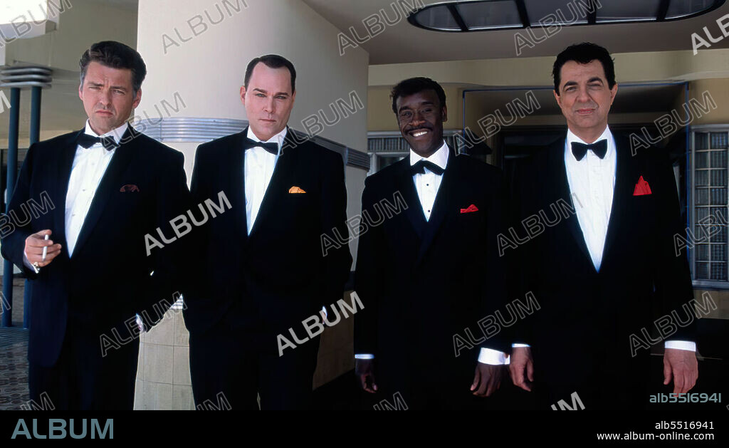 ANGUS MACFADYEN, DON CHEADLE, JOE MANTEGNA and RAY LIOTTA in THE RAT PACK, 1998, directed by ROB COHEN. Copyright HOME BOX OFFICE (HBO)/ORIGINAL FILM.