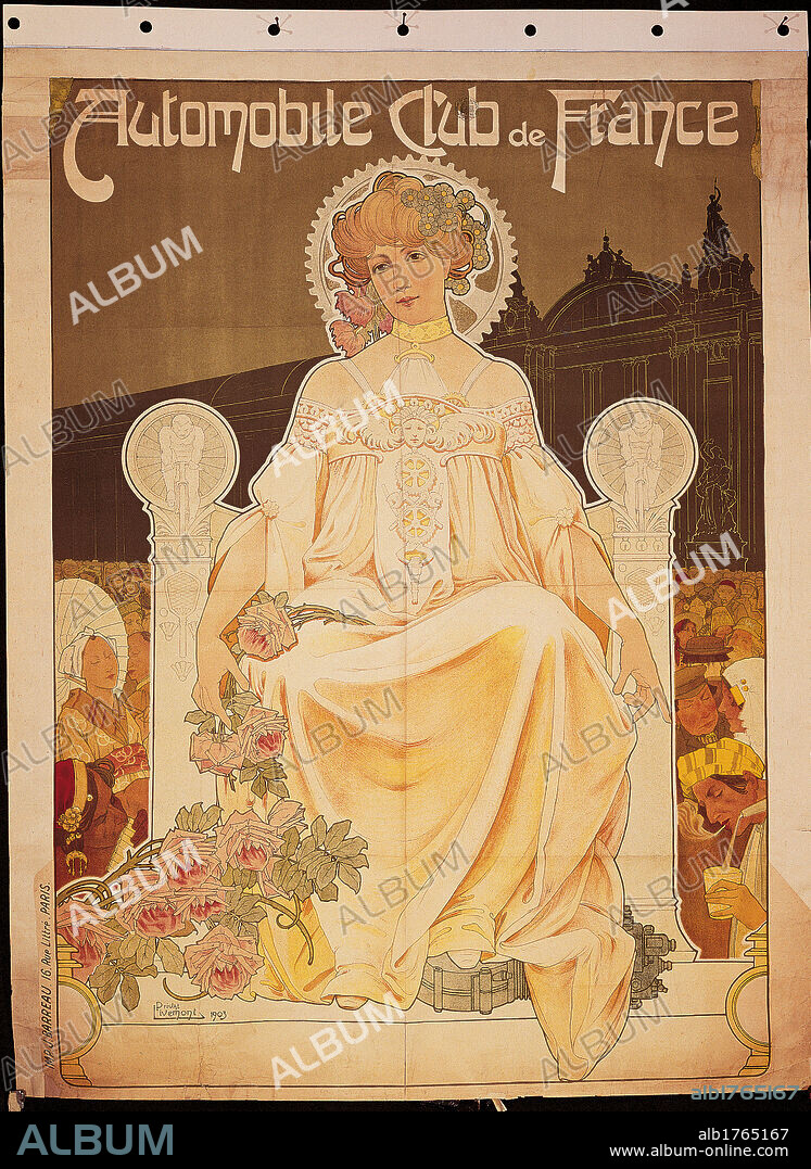 HENRI PRIVAT-LIVEMONT. Poster of Car Club de France, by Privat Livemont, 1903, 20th Century, cm 130 x 100. Italy, Veneto, Treviso, Treviso, L. Bailo Civic Museum, Salce Collection. All. Poster placard advertising woman throne dress robe garment drapery flowers roses inscription building profile yellow white pink green.  Please remember that author's rights have to be cleared for modern and contemporary works of arts.