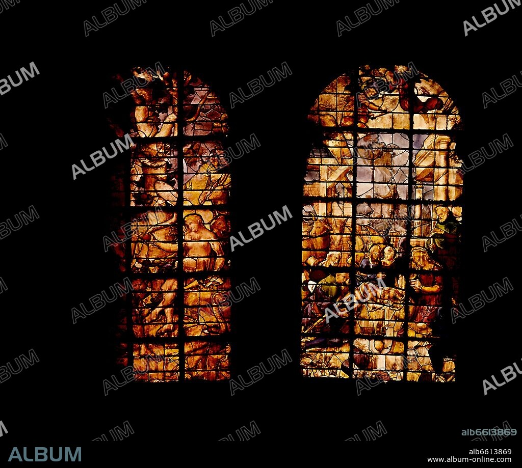 TEODORO DE HOLANDA Y JUAN DEL CAMPO-VIDRIEROS. VIDRIERAS DE LA CAPILLA MAYOR DE LA CATEDRAL DE GRANADA - ADAN Y EVA Y EPIFANIA - SIGLO XVI.