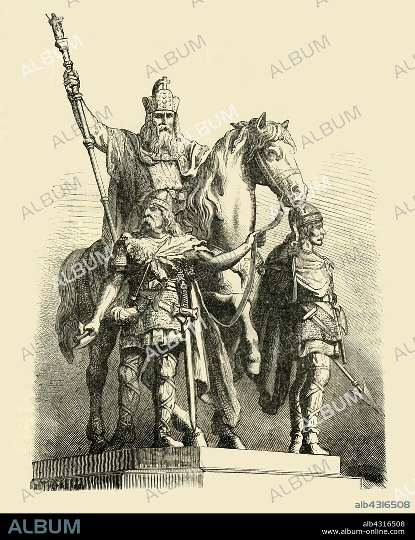 'Equestrian Statue of Charlemagne, Paris', 1890. Charlemagne et ses Leudes in the 4th arrondissement of Paris, is a bronze statue by Charles Rochet and Louis Rochet, of Charlemagne (742-814) and his vassals Roland and Olivier.  From "Cassell's Illustrated Universal History, Vol. III - The Middle Ages", by Edmund Ollier. [Cassell and Company, Limited, London, Paris and Melbourne, 1890. ].