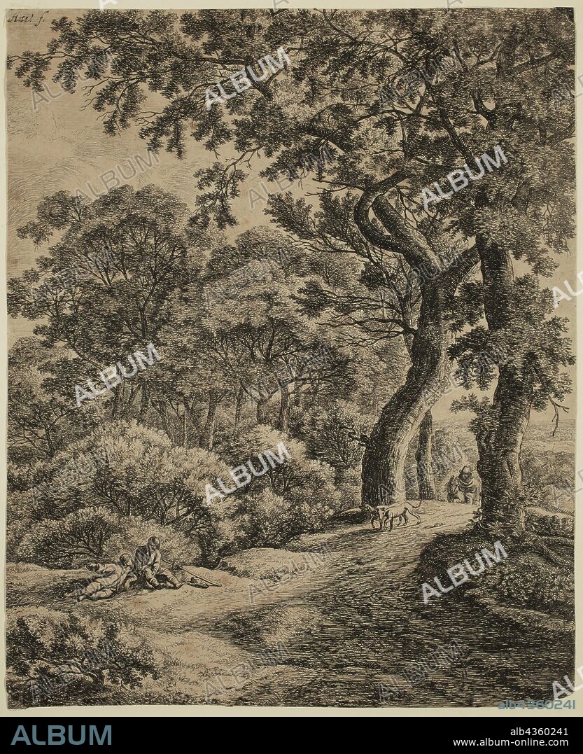Anthonie Waterloo, Dutch, 1610-1690, Two Travelers Resting in the Woods, 17th century, etching printed in black ink on laid paper, Sheet (trimmed within plate mark): 11 1/4 × 9 1/8 inches (28.6 × 23.2 cm).