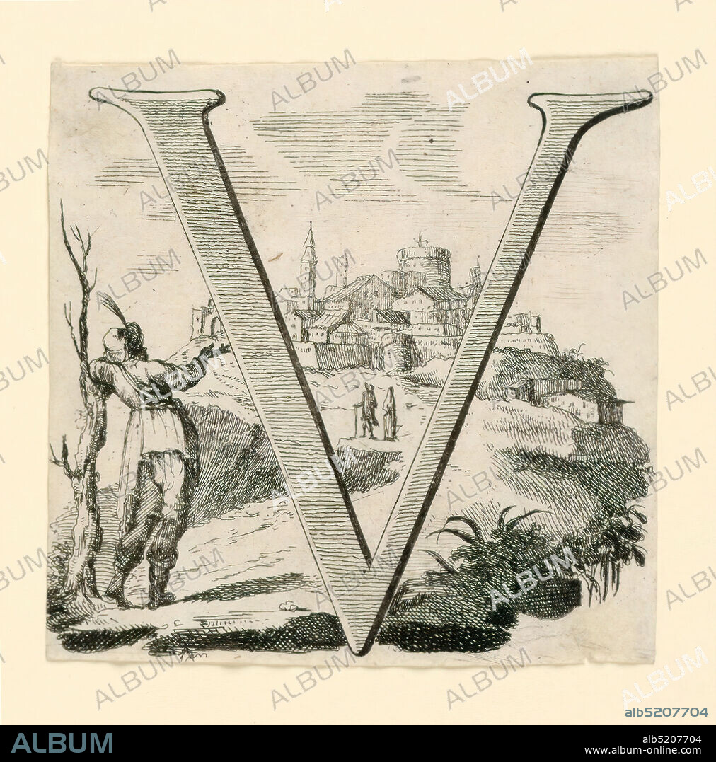 Figural Letter V, Etching on paper, V shown against a mountain town. A man leans against a dead tree at left., Europe, ca. 1740, ephemera, Print, Print.