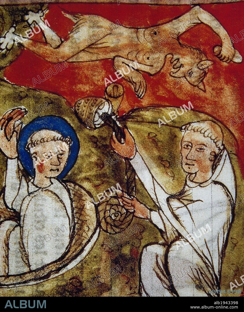 San Benito (Nursia, h.480-Montecasino, h.547). Fundador de la Orden religiosa de los Benedictinos. "Recueil d'ecrit sur Saint Benoit" ("Recopilación de los escritos de San Benito"). Miniatura del siglo XV que representa un episodio de la vida del santo. Museo Condé. Chantilly. Francia.