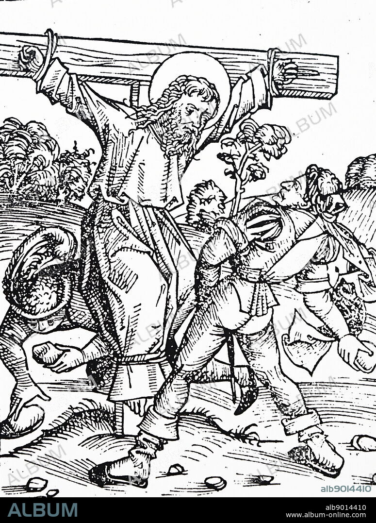 Woodcut depicting the martyrdom of the Apostle Philip by crucifixion and stoning. Dated 15th Century.