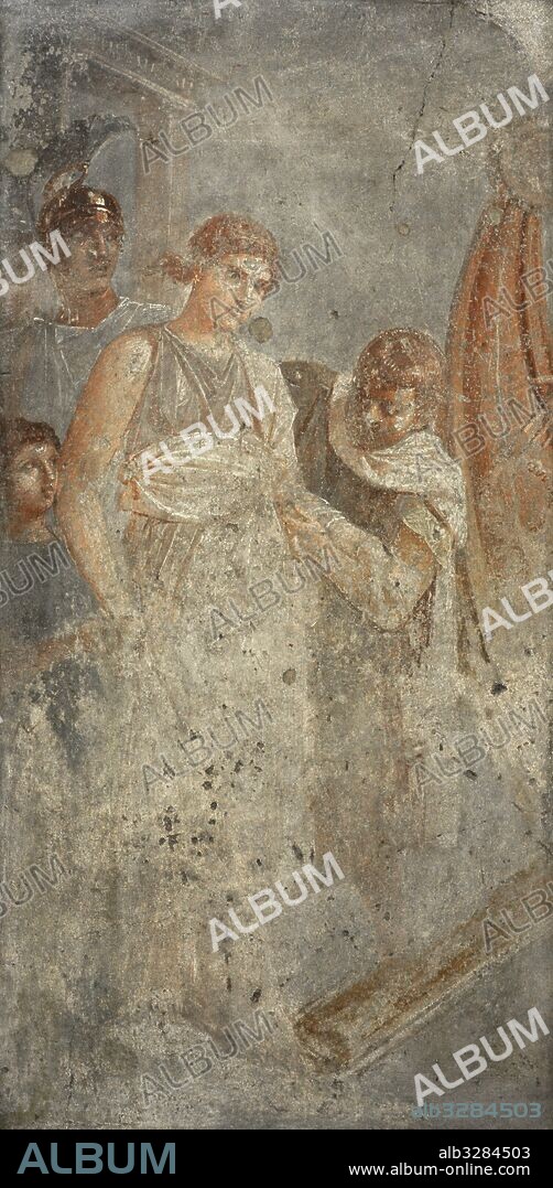 Pintura mural romana. Escena donde se representa a los criados ayudando a subir a Elena a bordo del barco de Paris, que la llevará a Troya. Casa del Poeta Trágico. Siglo I d. C. Pompeya. Museo Arqueológico Nacional. Nápoles. Italia.