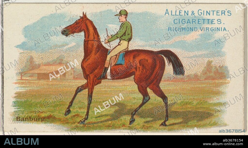 Banburg, from The World's Racers series (N32) for Allen & Ginter Cigarettes. Dimensions: Sheet: 1 1/2 x 2 3/4 in. (3.8 x 7 cm). Lithographer: Lithography by Lindner, Eddy & Claus (American, New York). Publisher: Issued by Allen & Ginter (American, Richmond, Virginia). Date: 1888.
Trade cards from the "The World's Racers" series (N32), issued in 1888 in a set of 50 cards to promote Allen & Ginter brand cigarettes.