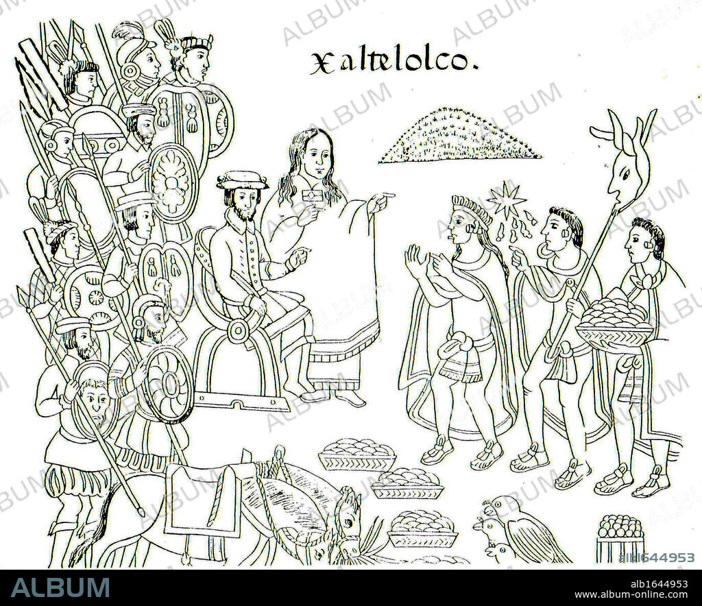 a painting from Diego Munoz Camargo's History of Tlaxcala (Lienzo Tlaxcala), c. 1585, showing La Malinche and Hernán Cortes.