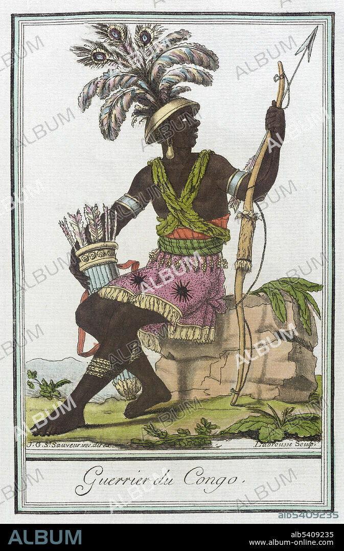 Guerrier du Congo. Congo Warrior. Hand-tinted engraving by Labrousse from "Costumes of Different Countries" published by Jacques Grasset de Saint-Sauveur circa 1797. The Kingdom of Kongo was located in west central Africa in present-day northern Angola, the western portion of the Democratic Republic of the Congo, the Republic of the Congo and the southernmost part of Gabon.