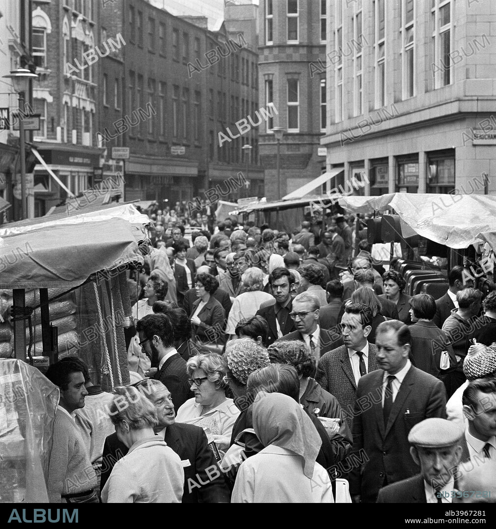 Street market at Leather Lane, Holborn, London, 1960s.