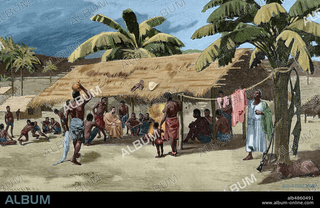 Africa. Una aldea del Africa Ecuatorial. Grabado. Africa Inexplorada, El Continente Misterioso, por Henry Morton Stanley, h. 1887. Coloreado.
