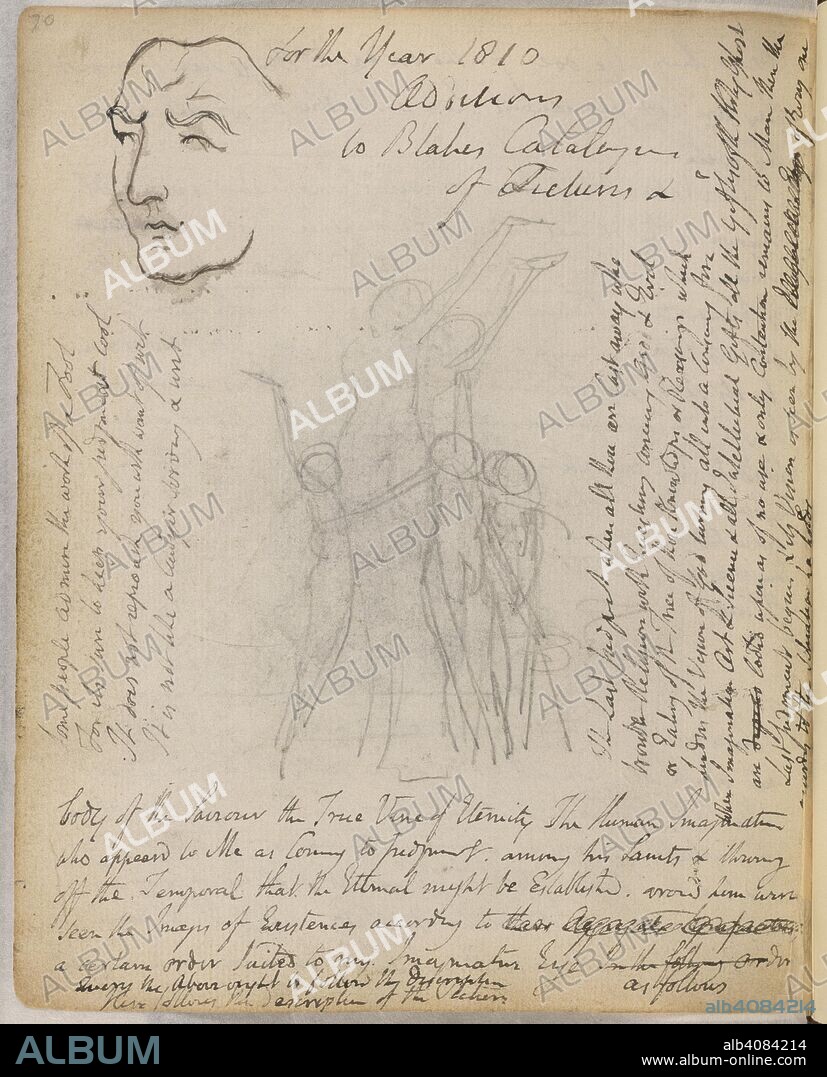 Sketches and poems of Blake. Notebook of William Blake. England; circa 1787-1818. [Whole folio] Sketch of a stern face, outlined like a mask. Large sketch of the three weavers, related to Blake's Arlington Court picture; all hold shuttles, one is a child, who joins hands with two others around the adults. Autograph draft of Blake's poem ' Some people admire the work of a Fool'; and lines from 'Vision of the Last Judgment'  Image taken from Notebook of William Blake.  Originally published/produced in England; circa 1787-1818. . Source: Add. 49460, f.36v. Language: English.