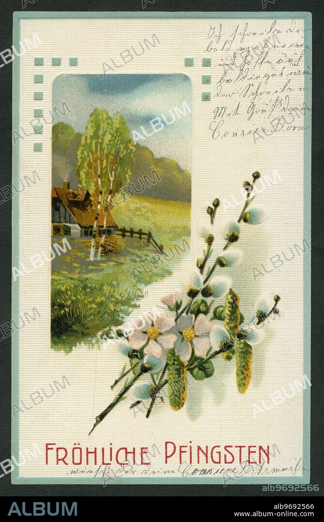 Europe, Germany, Pentecost postcard, coloured drawing shows a flowering meadow and a birch tree, in the background a farmhouse, in the foreground catkins and the text : ' Fröhliche Pfingsten ' ( Happy Pentecost ) , also there is a text in German calligraphic writing , the postcard was sent 1915 .