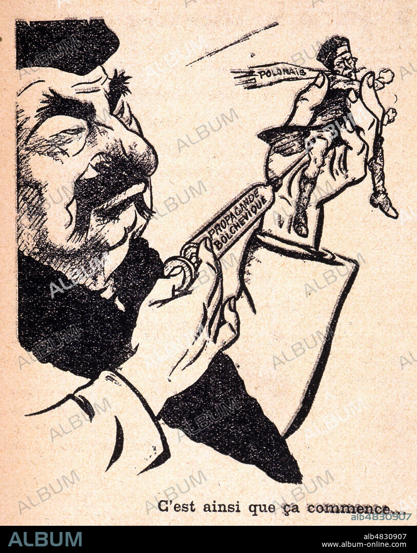 'C'est ainsi que ca commence...' STALINE injecte de la propagande bolchevique a la seringue dans un polonais. Caricature publiee dans L'Espoir Francais du 16 fevrier 1940. Credit : Collection KHARBINE-TAPABOR.. voir kh251437.