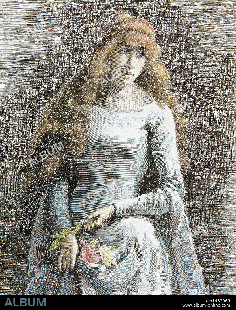 Young lady. Medieval age. Engraving by Centeneri (1885). "La Ilustracion Iberica".