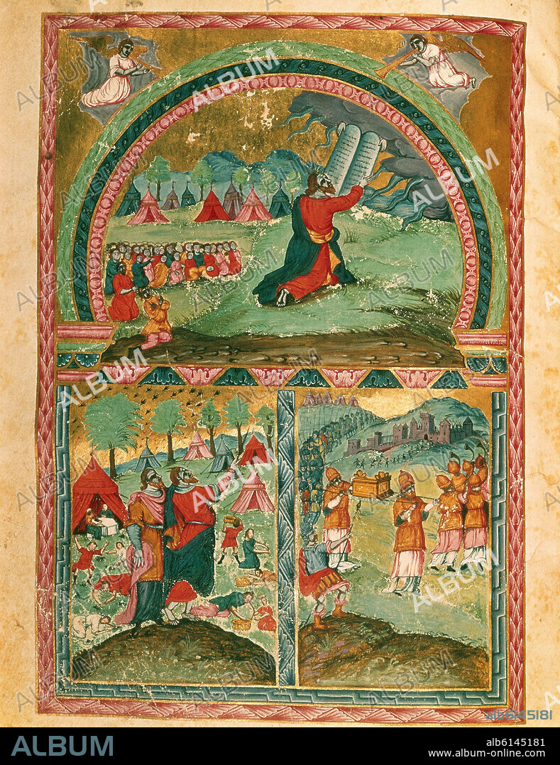 MANUSCRITO PERSA - MOISES EN EL MONTE SINAI - ARCA DE LA ALIANZA - RECOGIDA DEL MANA Y PERDICES.