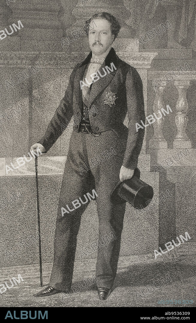 BERNARDO BLANCO (1828-1876). SPANISH LITHOGRAPHER. J. J. MARTINEZ. 19TH CENTURY SPANISH ARTIST.. Francisco de Asís de Borbón (1822-1902). Rey consorte de España (1846-1868) por su matrimonio en 1846 con su prima Isabel II de Borbón. Retrato. Dibujo por B. Blanco. Litografía por J.J. Martínez. Reyes Contemporáneos. Tomo I. Publicado en Madrid, 1855.
