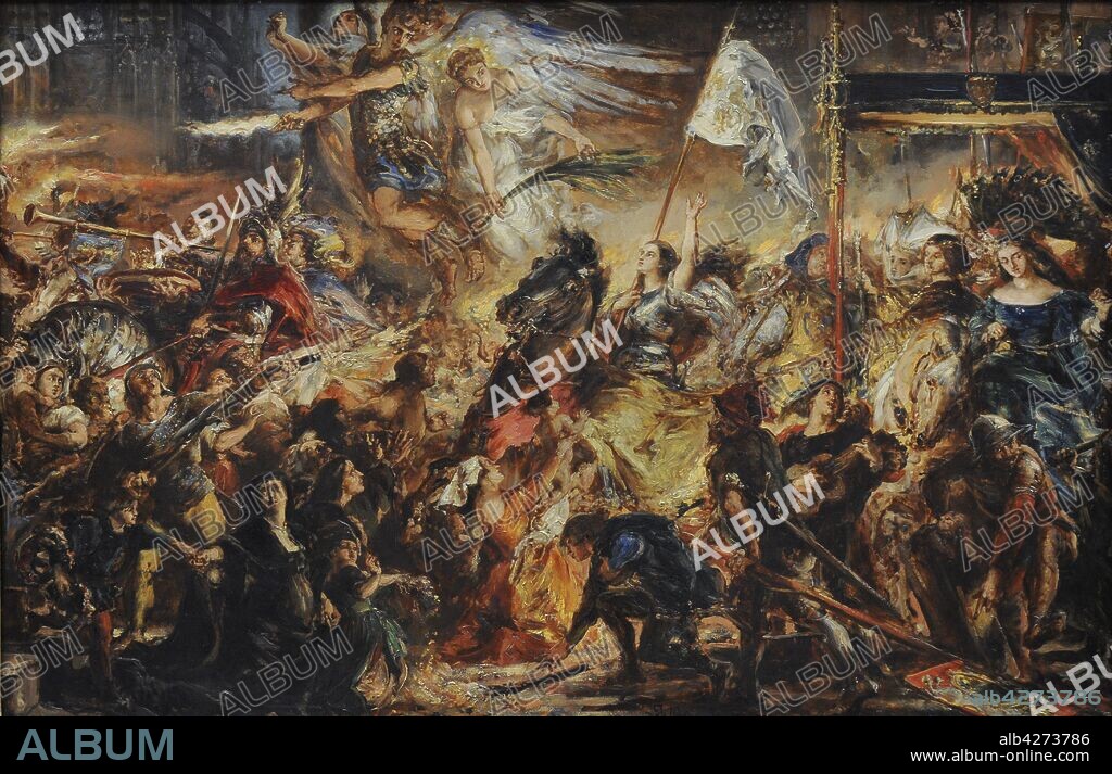 Jan Matejko (1838-1893). Polish painter. The Maid of Orleans, sketch, 1883. Depicts Joan of Arc, after defeating the English army, taking the dolphin and his entourage to the Cathedral of Reims where he will be crowned King of France as a Charles VII. 19th Century Polish Art Gallery (Sukiennice Museum). National Museum of Krakow. Poland.