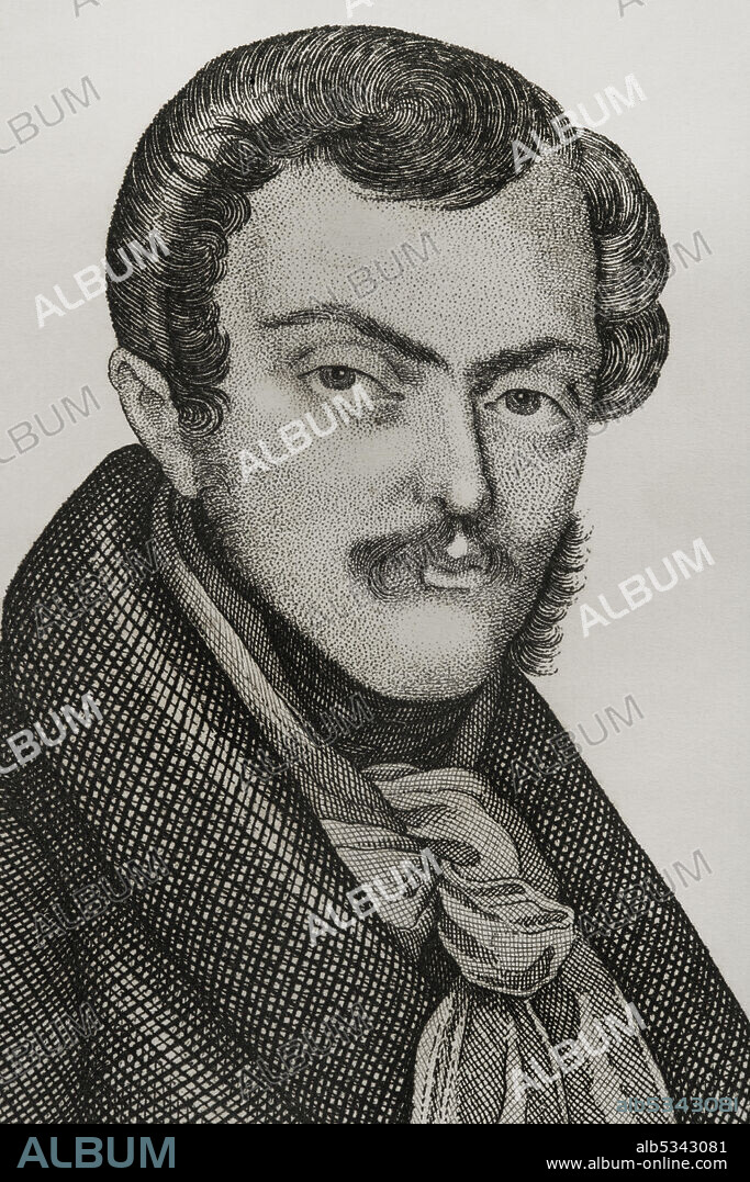 PEDRO CELESTINO MARé (FL.1842-1862 and D. CA.1880). SPANISH ENGRAVER.. Sebastian Gabriel of Bourbon and Braganza (1811-1875). Infante of Spain and Portugal. Carlist army commander in the Fist Carlist War. Portrait. Engraving by Pedro Celestino Maré. Detail. Panorama Español, Crónica Contemporánea. Madrid, 1842.