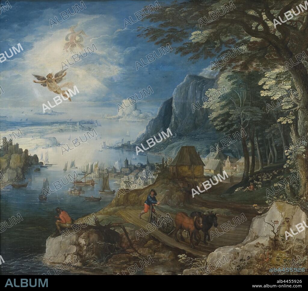Joos de Momper, Landscape with the Fall of Icarus, Landscape with Ikaros fall, painting, landscape art, oil on panel, Height, 154 cm (60.6 inches), Width, 173 cm (68.1 inches).