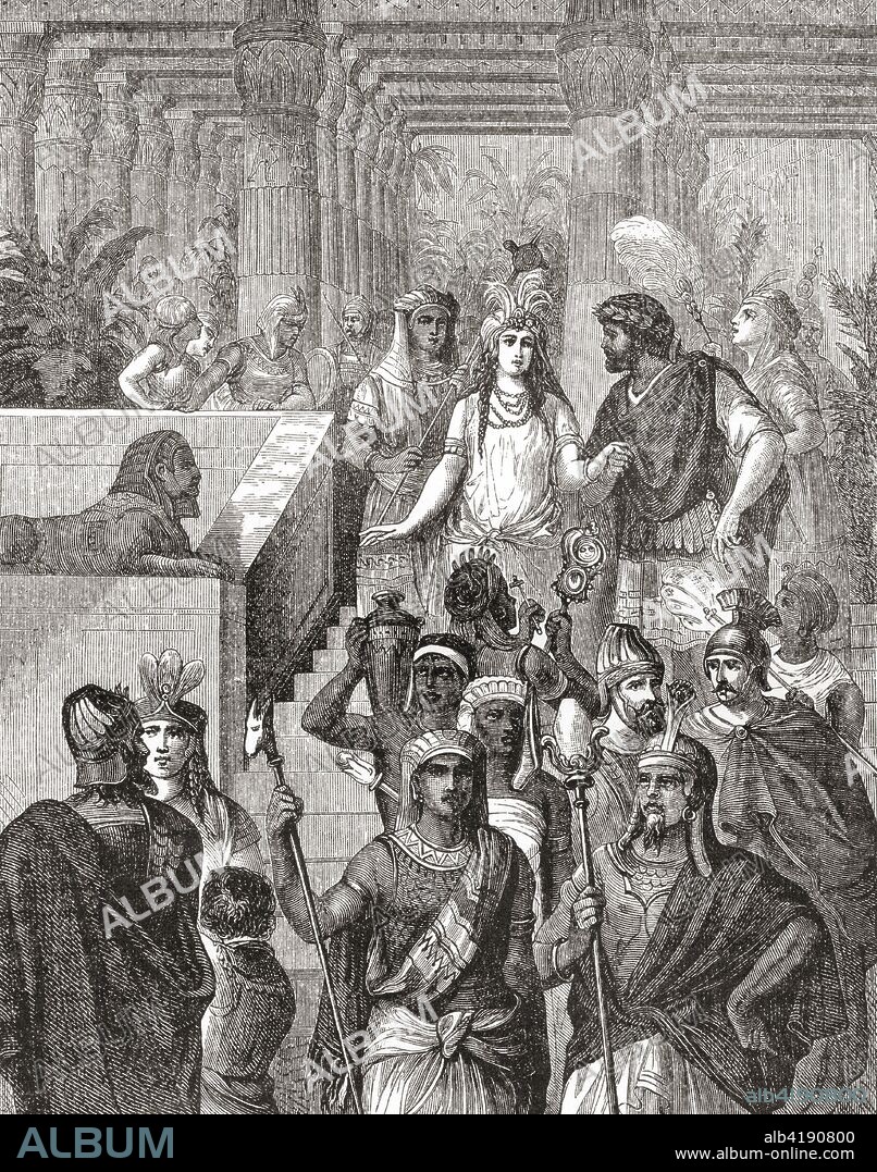 Antony and Cleopatra in Egypt.  Cleopatra VII Philopator, 69 - 30 BC, aka Cleopatra.  Last active ruler of the Ptolemaic Kingdom of Egypt.  Marcus Antonius, 83 - 30 BC, aka Mark or Marc Antony.  Roman politician and general.  From Ward and Lock's Illustrated History of the World, published c.1882.