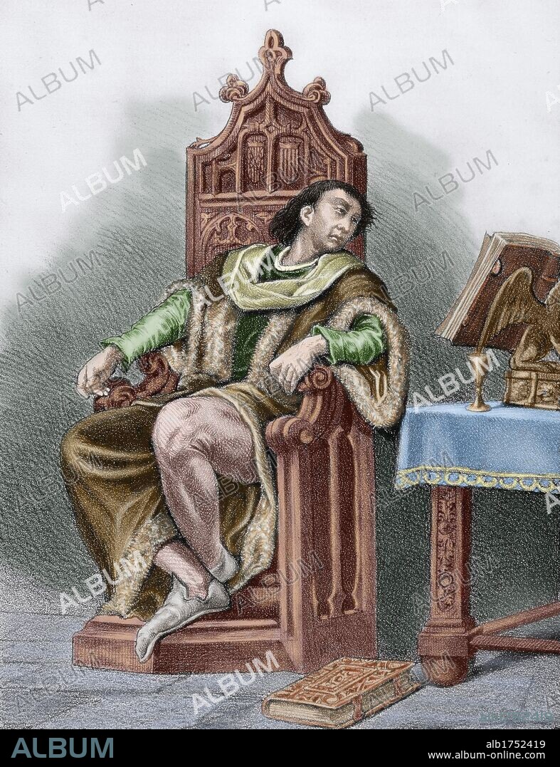 CARLOS (Príncipe de Viana) (Peñafiel,1421-Barcelona,1461). Hijo de Juan II de Aragón y de Blanca de Navarra. Intentó conseguir el reino de Navarra luchando contra su padre. Grabado coloreado del s. XIX.