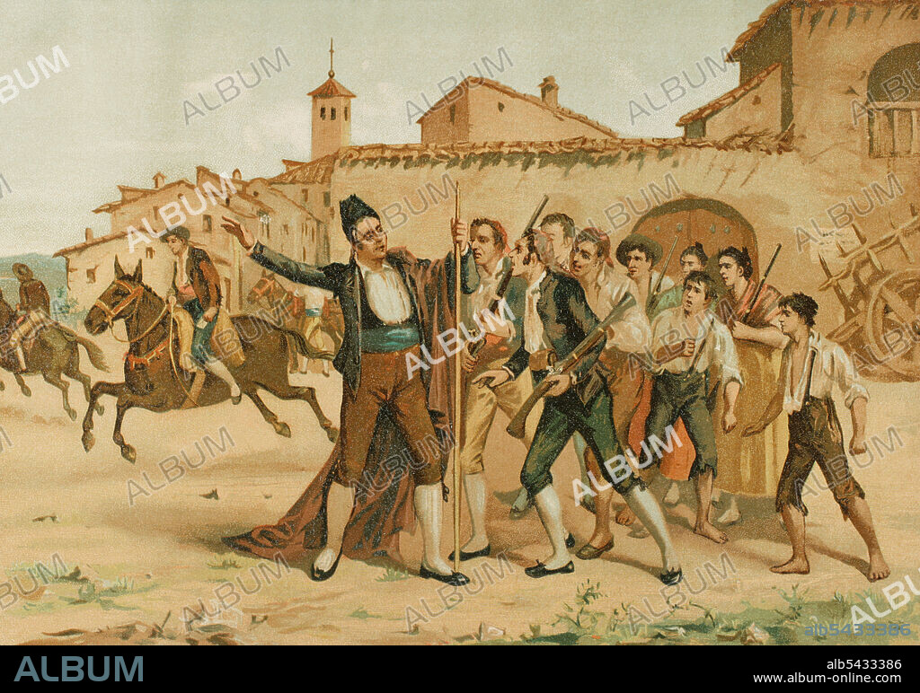 Historia de España. "El alcalde de Móstoles declara la Patria en peligro". La tarde del 2 de mayo de 1808 los alcaldes de Móstoles, Andrés de Torrejón (1736-1812) y Simón Hernández (1743-1818), firmaron una declaración promoviendo el levantamiento contra los franceses. "Bando de los Alcaldes de Móstoles", escrito por Juan Pérez Villamil. Proclama contra la invasión napoleónica de la Península Ibérica, a la que siguió una insurrección, dando comienzo de esta manera la Guerra de la Independencia Española. Cromolitografía. Historia General de España, por Miguel Morayta. Tomo VI. Madrid, 1892.