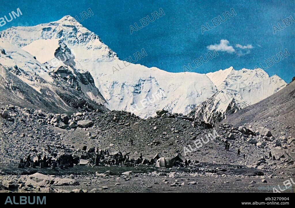 Colour photograph of the North Face of Everest as seen from base camp. Dated 20th Century.