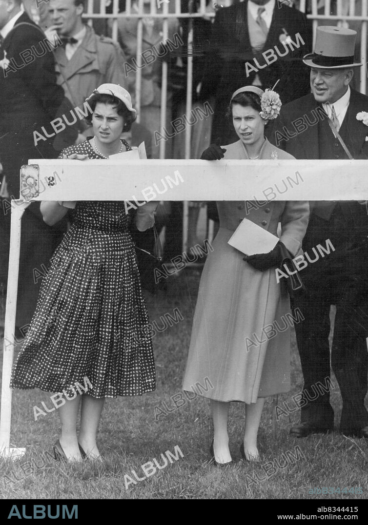 The Queen with Lord Rosebery and Princess Elizabeth, daughter of Prince Paul and Princess Olga, of Yugoslavia, watching the Derby which was won by Phil Drake. June 02, 1955.